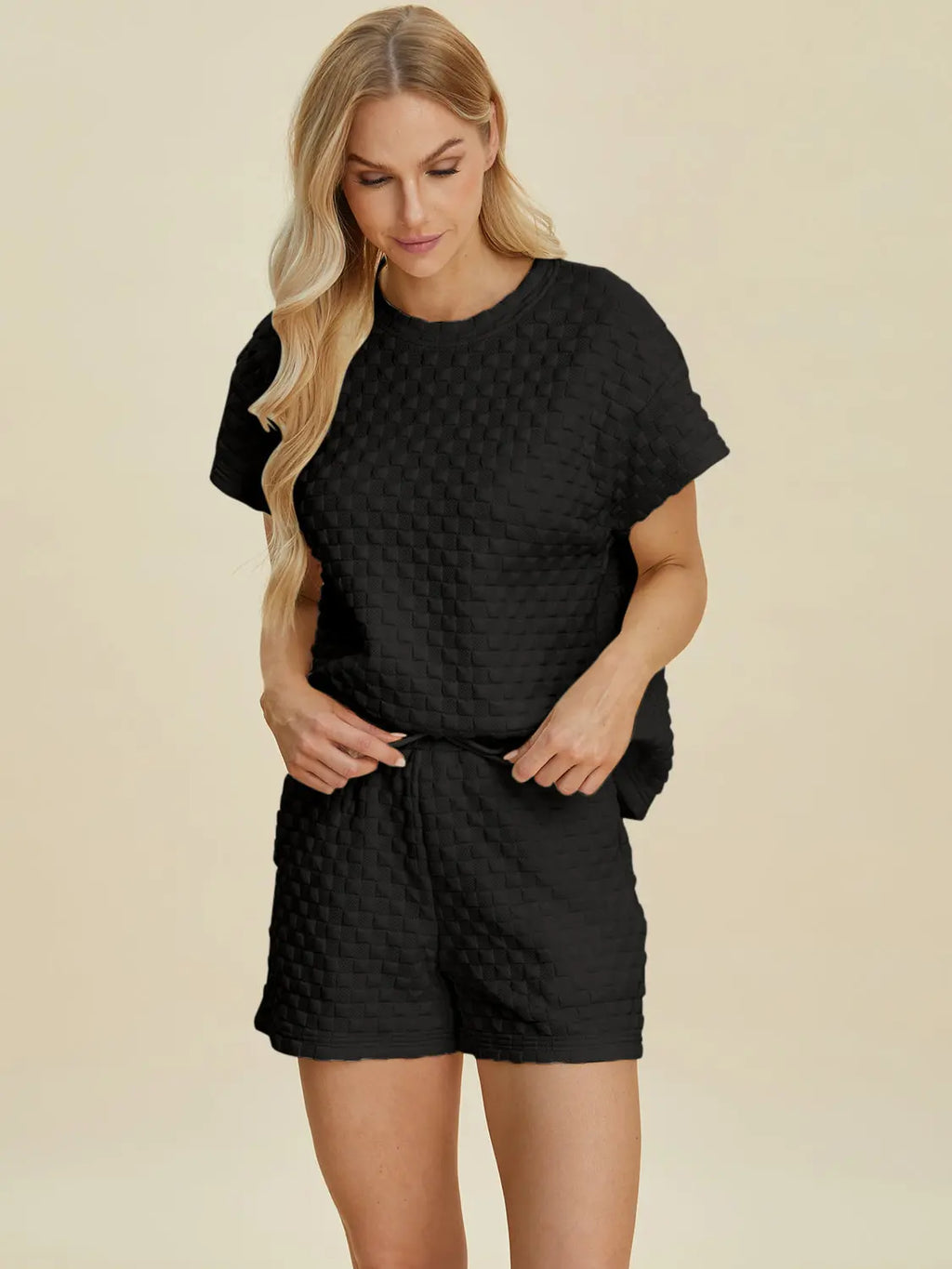 Double Take Textured T-Shirt & Drawstring Shorts Set - Whispering Desires Shoppe