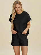 Double Take Textured T-Shirt & Drawstring Shorts Set - Whispering Desires Shoppe