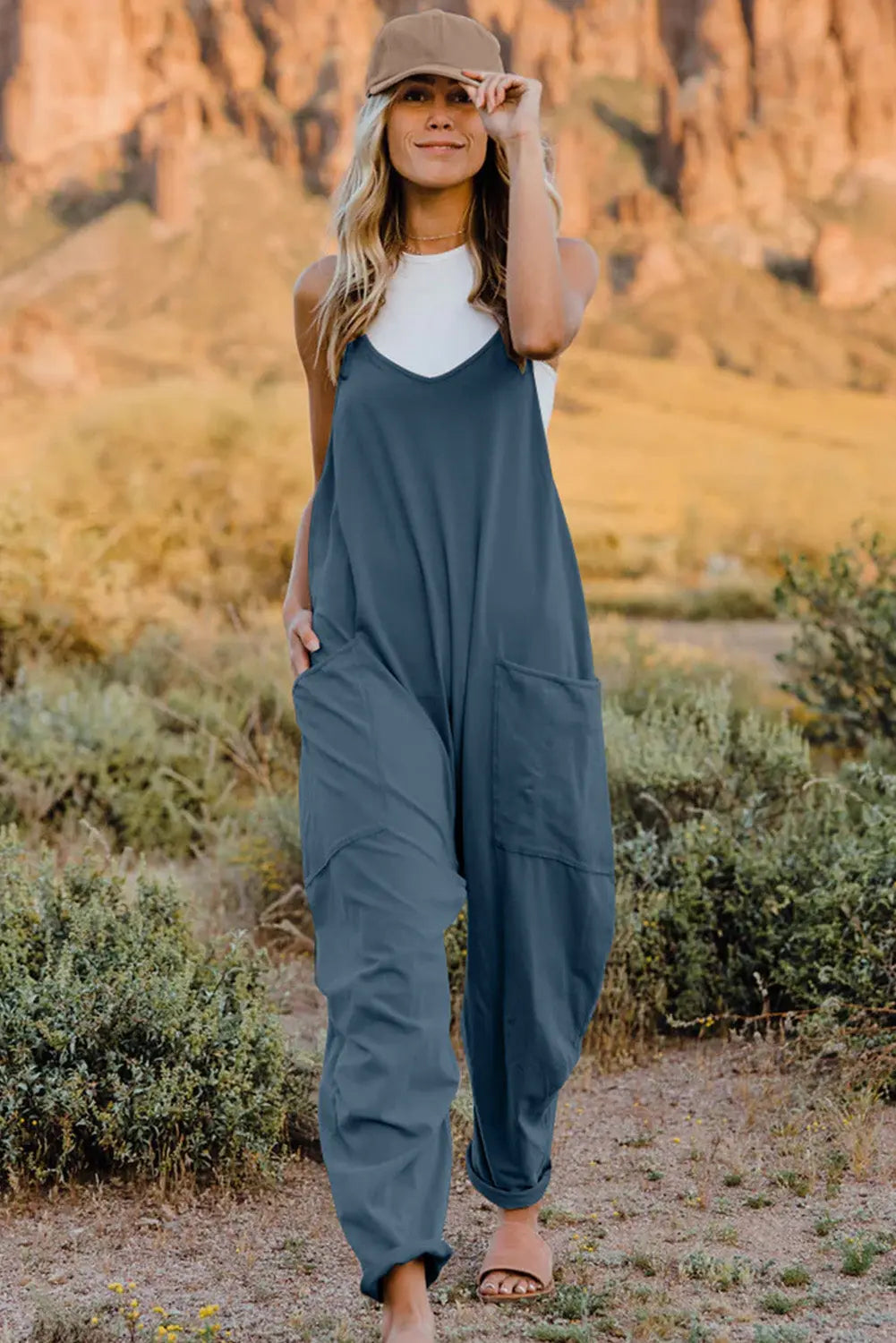 Double Take V-Neck Sleeveless Jumpsuit w/ Pockets - Whispering Desires Shoppe