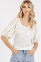 Mittoshop Mixed Media Textured Knit Popcorn Puff Sleeve Blouse - Whispering Desires Shoppe