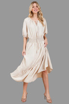 Ces Femme Smocked Elastic Waist Tie Neck Puff Sleeve Dress - Whispering Desires Shoppe