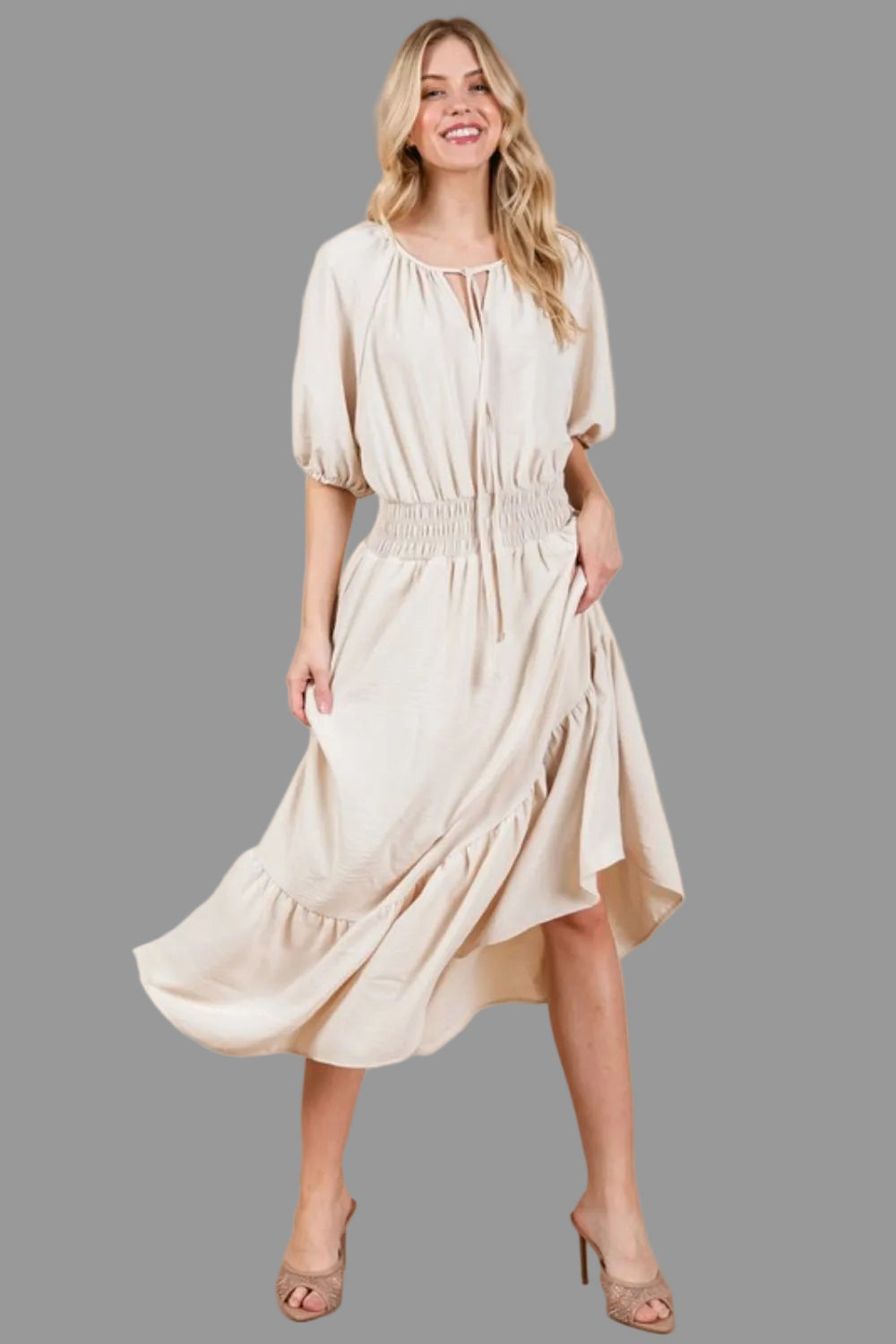 Ces Femme Smocked Elastic Waist Tie Neck Puff Sleeve Dress - Whispering Desires Shoppe