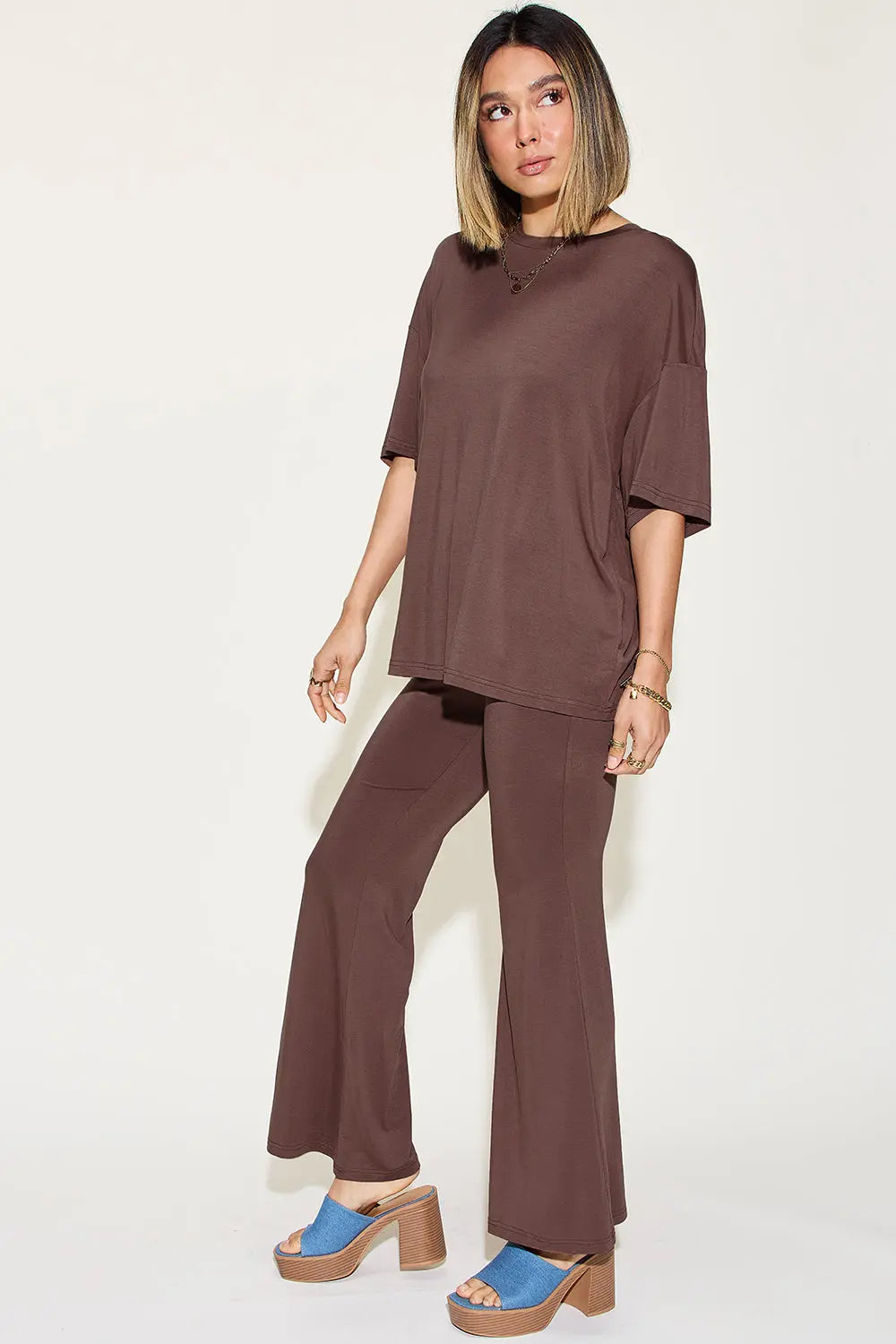 Basic Bae Full Size Bamboo Drop Shoulder T-Shirt and Flare Pants Set - Whispering Desires Shoppe