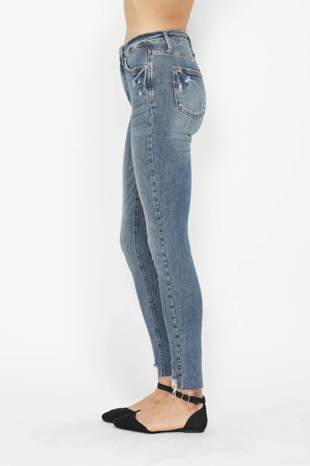 Judy Blue Tummy Control Vintage Wash Distressed Hem Jeans - Whispering Desires Shoppe