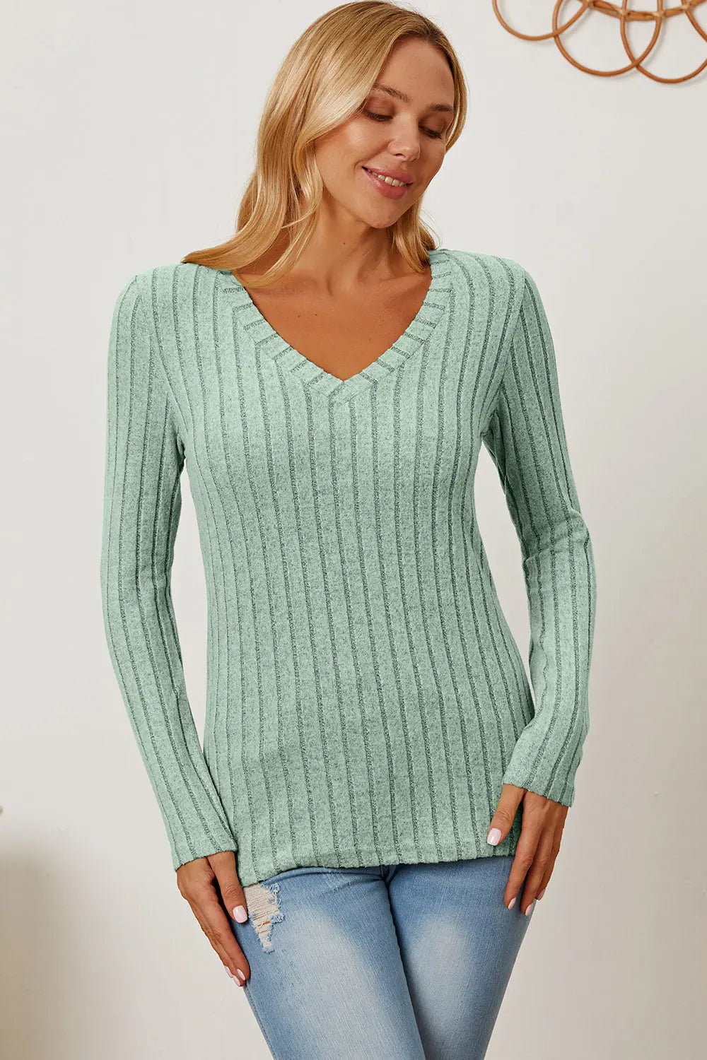 Basic Bae Ribbed V-Neck Long Sleeve Tee - Whispering Desires Shoppe