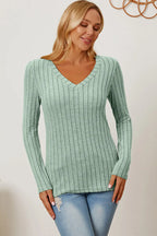 Basic Bae Ribbed V-Neck Long Sleeve Tee - Whispering Desires Shoppe