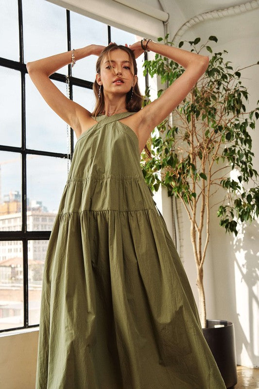 ADORA Crisscross Wide Strap Drawstring Detail Midi Dress - Whispering Desires Shoppe