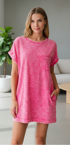 Zenana Premium Cotton Washed T-Shirt Dress with Pockets | Hot Pink Trendsi