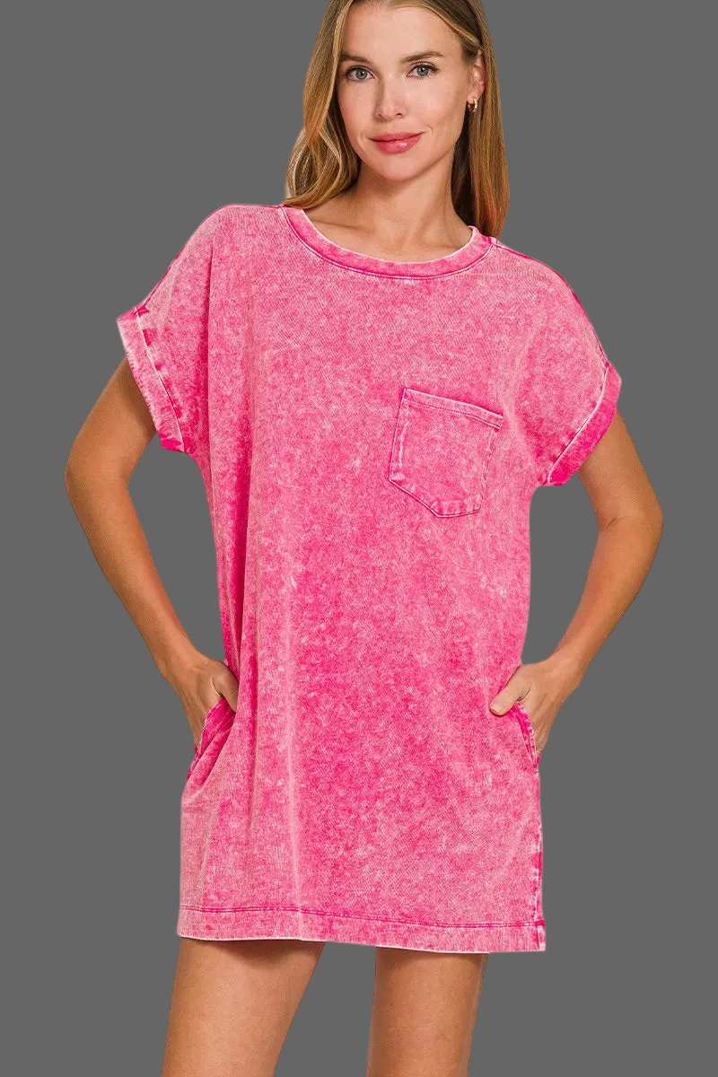 Zenana Premium Cotton Washed T-Shirt Dress with Pockets | Hot Pink Trendsi