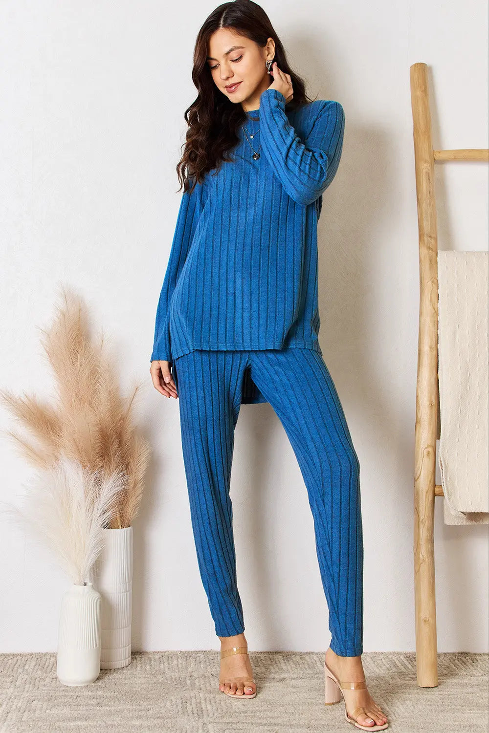 Trendsi Basic Bae Ribbed High-Low Top and Pants 2-Piece Loungewear Set - Whispering Desires Shoppe