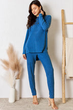 Trendsi Basic Bae Ribbed High-Low Top and Pants 2-Piece Loungewear Set - Whispering Desires Shoppe