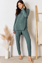 Trendsi Basic Bae Ribbed High-Low Top and Pants 2-Piece Loungewear Set - Whispering Desires Shoppe