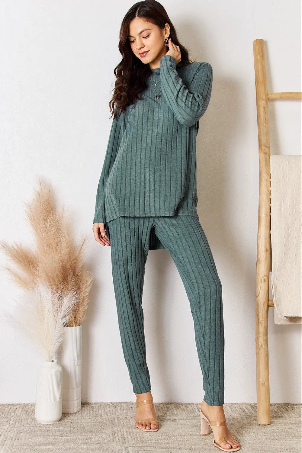 Trendsi Basic Bae Ribbed High-Low Top and Pants 2-Piece Loungewear Set - Whispering Desires Shoppe