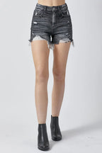 RISEN High-Rise Distressed Denim Shorts - Whispering Desires Shoppe