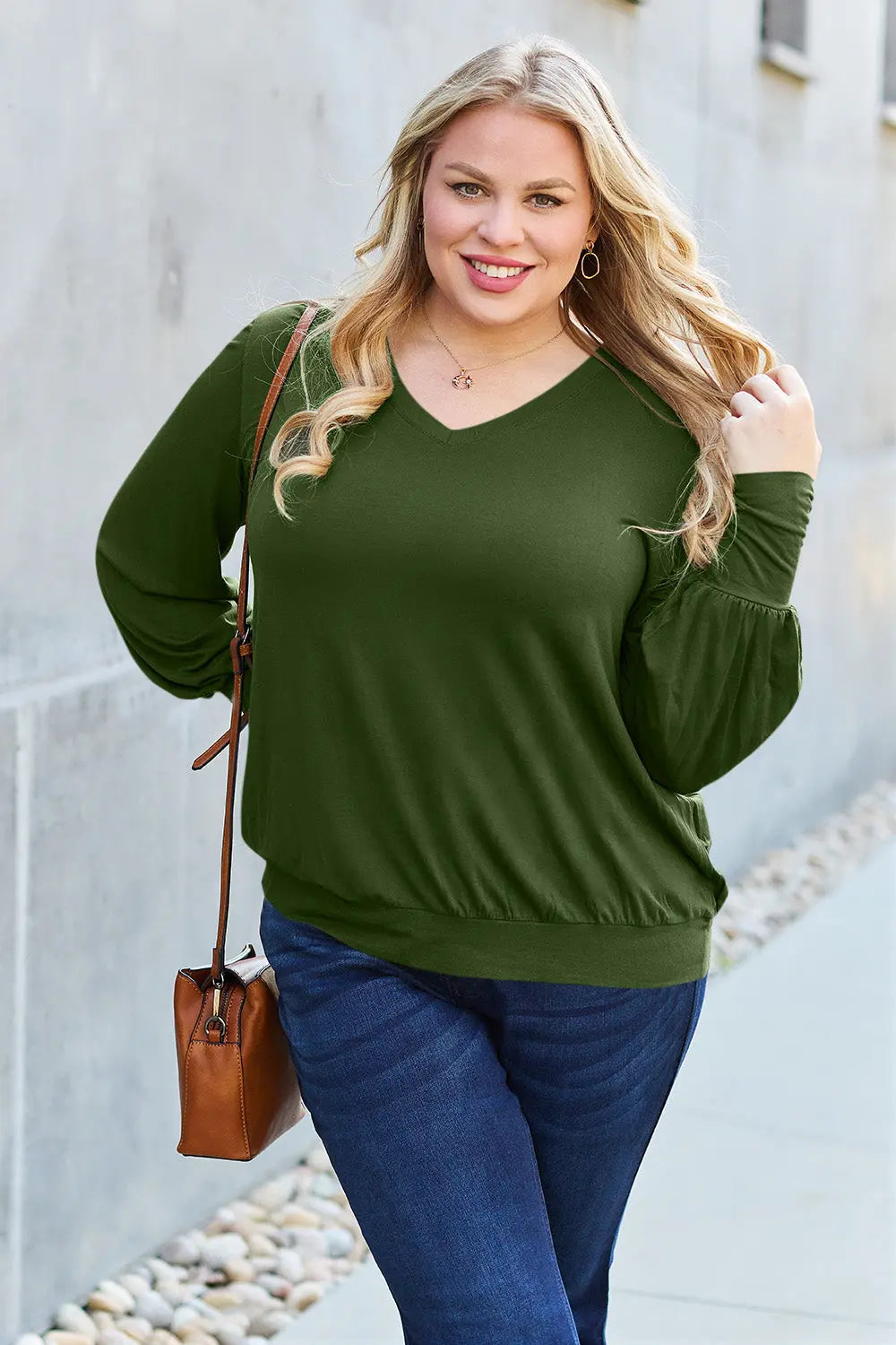 Basic Bae V-Neck Lantern Sleeve Top — Full Sizes - Whispering Desires Shoppe