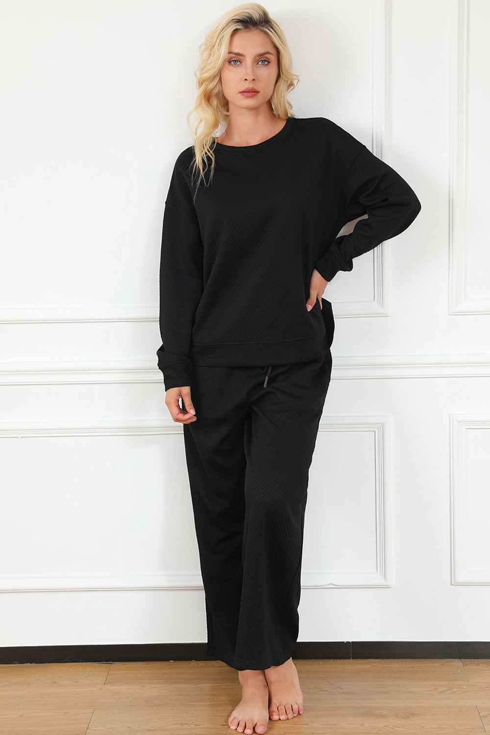 Double Take Full Size Textured Long Sleeve Top and Drawstring Pants Set - Whispering Desires Shoppe