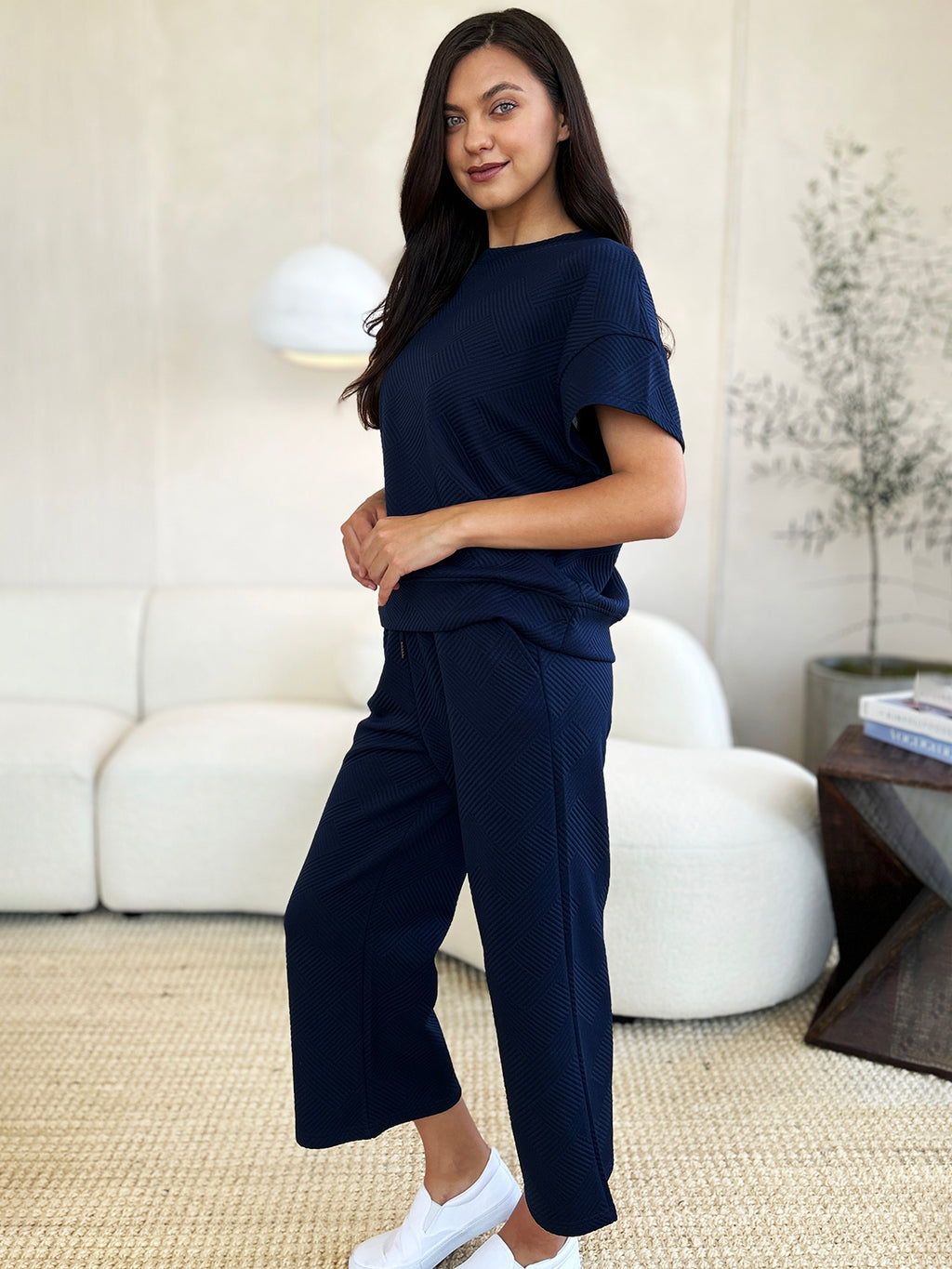 Double Take Full Size Texture Short Sleeve Top and Pants Set - Whispering Desires Shoppe