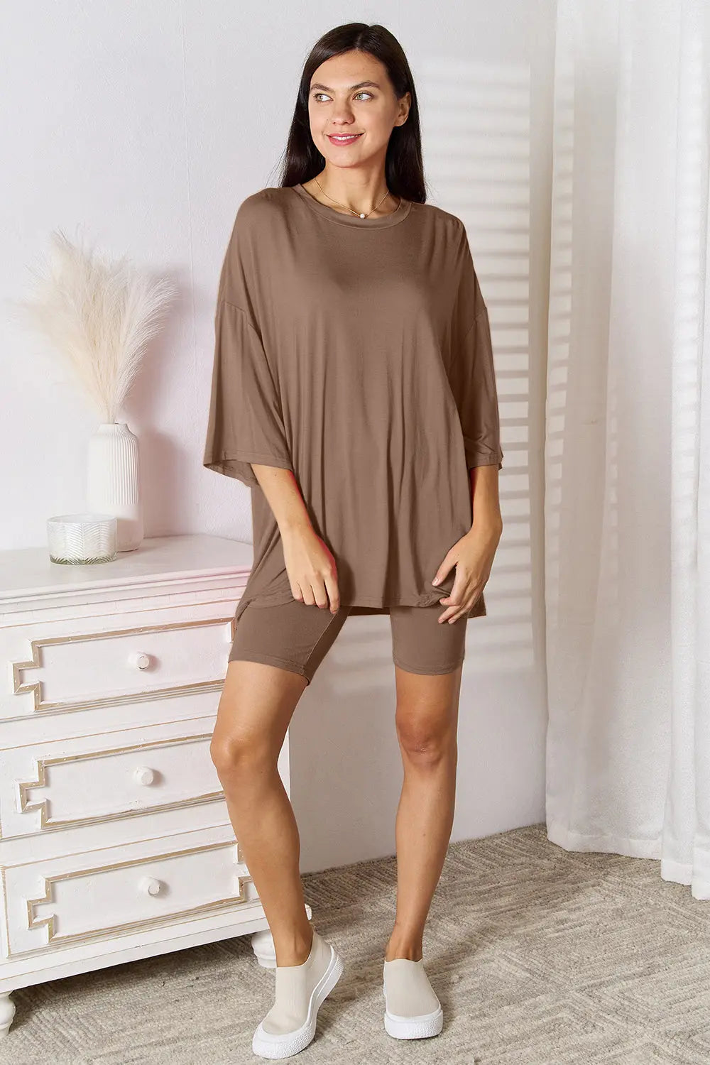 Basic Bae Soft Rayon 3/4 Sleeve Top & Shorts Set - Whispering Desires Shoppe