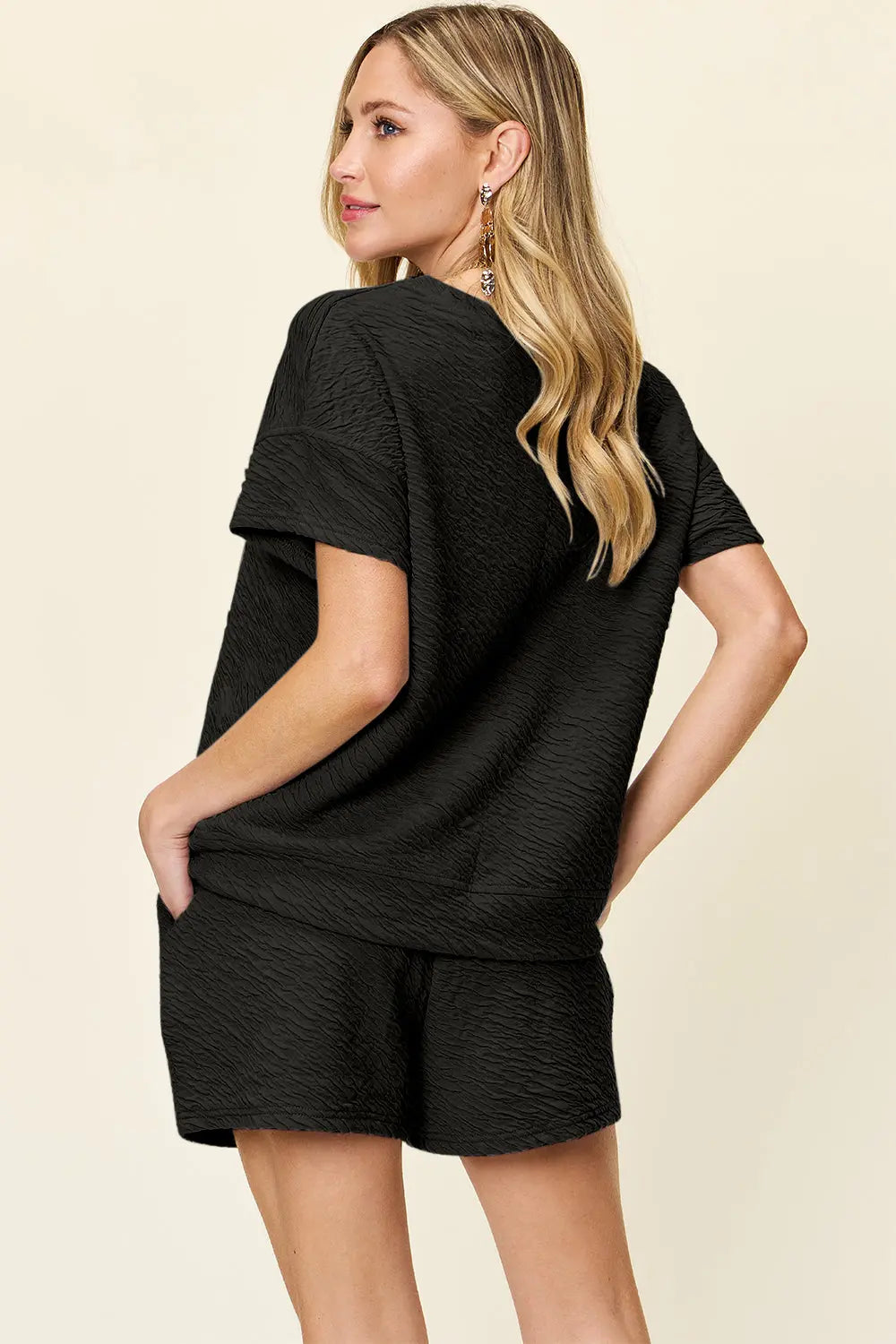 Double Take Textured Tee & Drawstring Shorts Set - Whispering Desires Shoppe