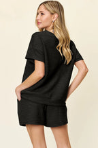Double Take Textured Tee & Drawstring Shorts Set - Whispering Desires Shoppe