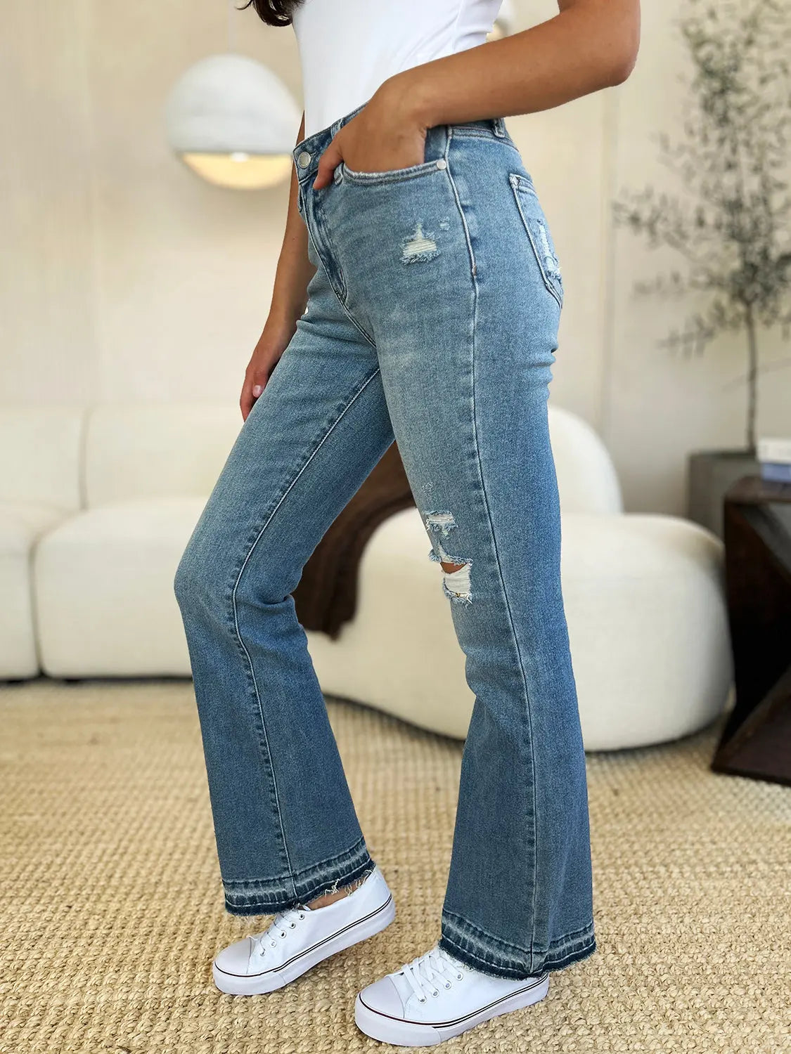 Judy Blue Mid-Rise Distressed Hem Jeans — Full Size - Whispering Desires Shoppe