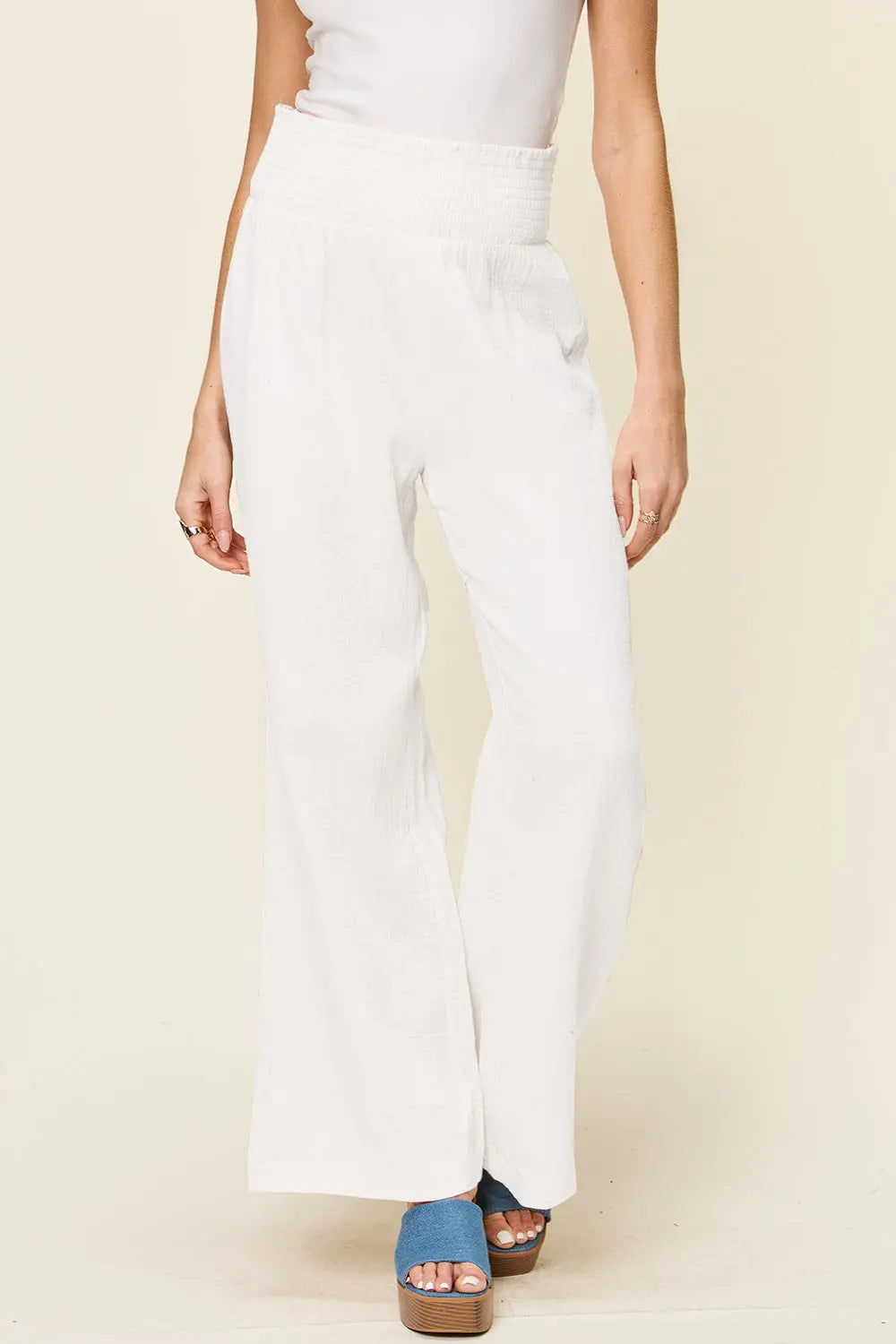 Double Take Smocked-Waist Wide-Leg Cotton Pants - Whispering Desires Shoppe