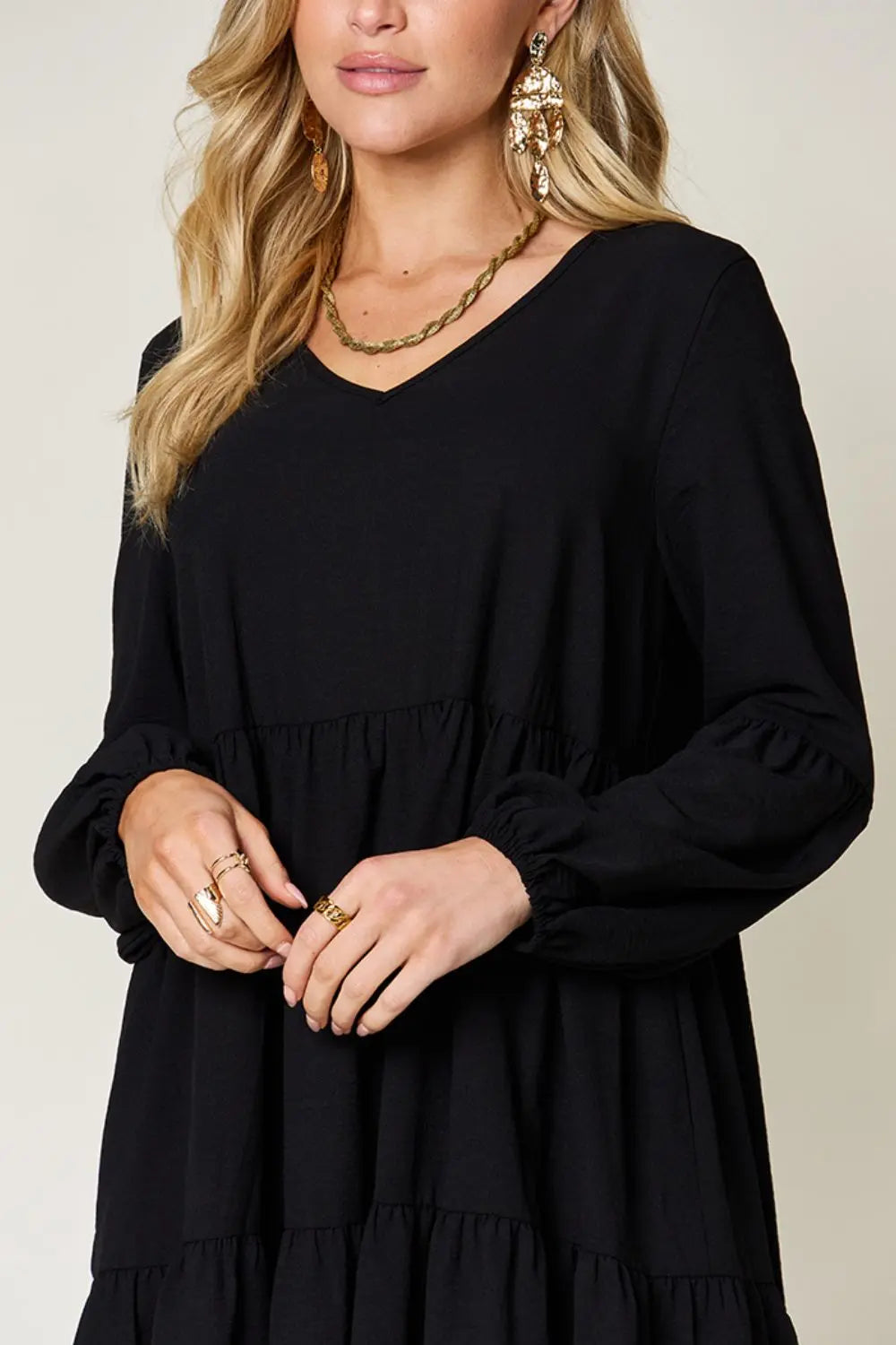 Double Take V-Neck Balloon Sleeve Tiered Dress w/ Pockets - Whispering Desires Shoppe