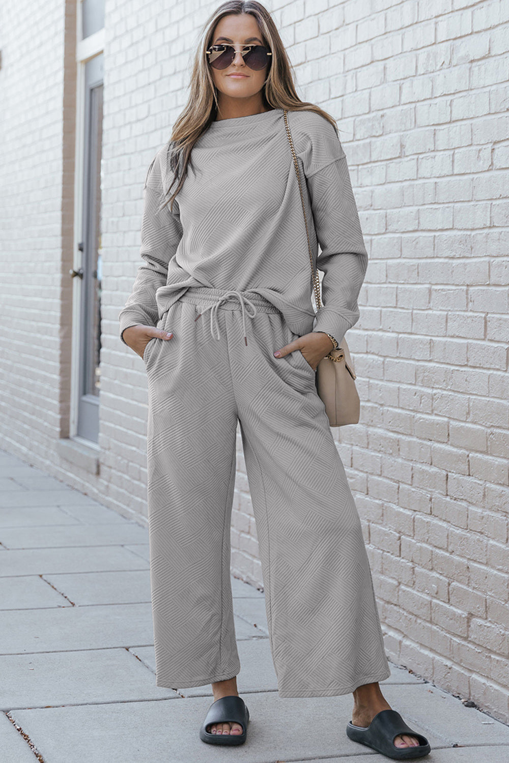 Double Take Full Size Textured Long Sleeve Top and Drawstring Pants Set - Whispering Desires Shoppe
