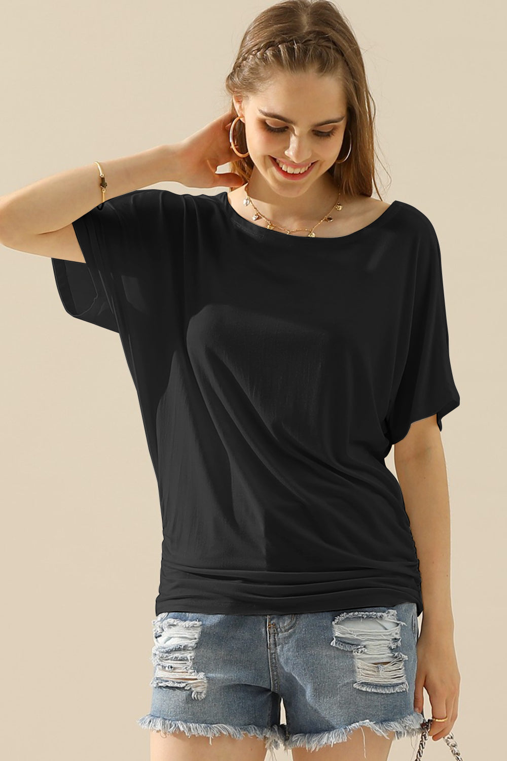 Ninexis Boat Neck Short Sleeve Ruched Side Top - Whispering Desires Shoppe