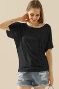 Ninexis Boat Neck Short Sleeve Ruched Side Top - Whispering Desires Shoppe
