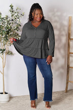 Double Take Ruffle-Hem Button Blouse - Whispering Desires Shoppe