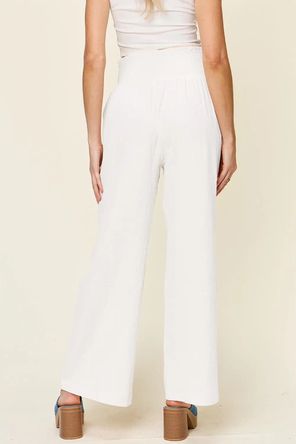 Double Take Smocked-Waist Wide-Leg Cotton Pants - Whispering Desires Shoppe