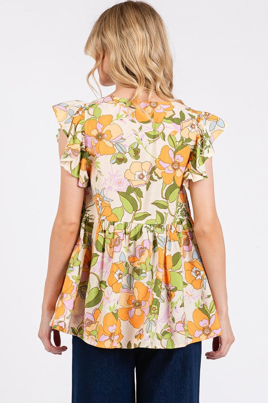 Mittoshop Floral V-Neck Ruffled Cap Sleeve Blouse - Whispering Desires Shoppe