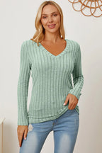 Basic Bae Ribbed V-Neck Long Sleeve Tee - Whispering Desires Shoppe