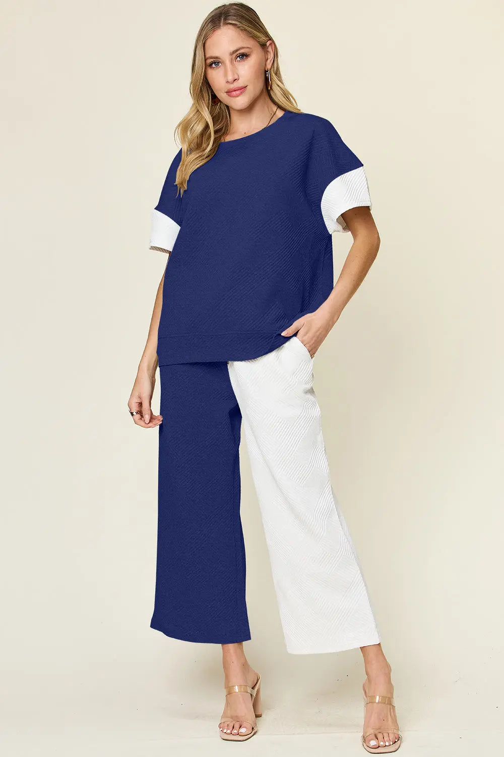 Double Take Texture Contrast Two-Piece Set — Wide Leg - Whispering Desires Shoppe
