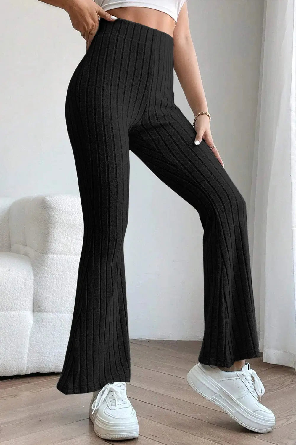 Basic Bae Ribbed High-Waist Flare Pants - Whispering Desires Shoppe