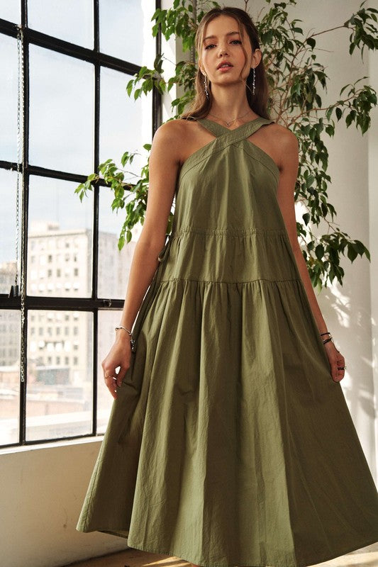 ADORA Crisscross Wide Strap Drawstring Detail Midi Dress - Whispering Desires Shoppe