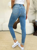 Judy Blue Mid-Rise Destroy & Cuff Skinny Jeans - Whispering Desires Shoppe