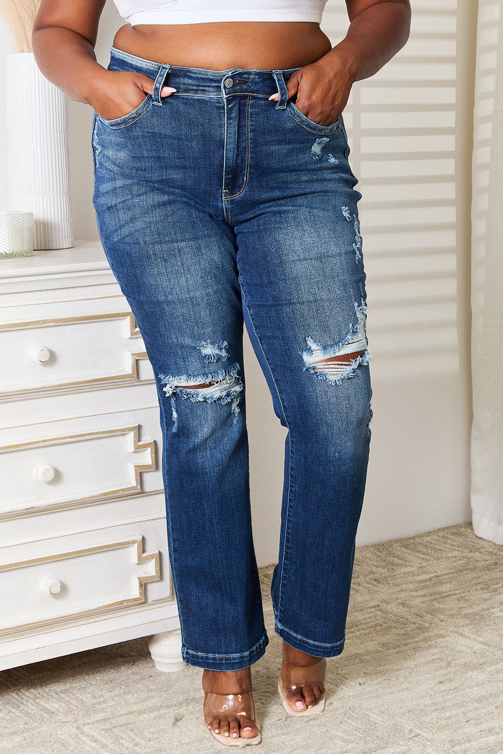 Judy Blue Mid-Rise Hand Sand & Destroy Bootcut Jeans - Whispering Desires Shoppe