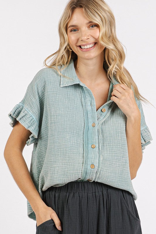Mittoshop Mineral Washed Button Down Flounce Sleeve Shirt - Whispering Desires Shoppe