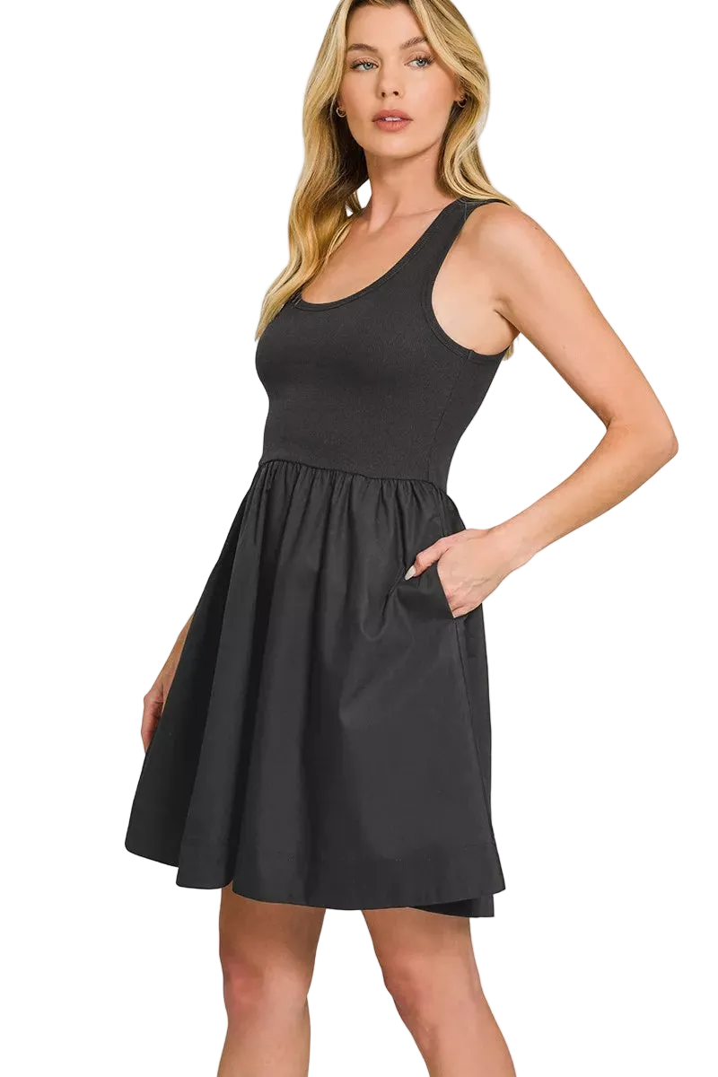 Zenana Combined Knit & Woven Cotton Midi Dress | Textured Day to Night Trendsi