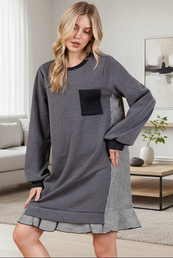 Ces Femme Striped Patchwork Round Neck Terry Sweatshirt Dress - Whispering Desires Shoppe