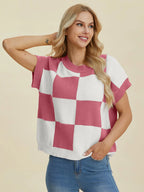 Double Take Checkered Round-Neck Short-Sleeve Sweater - Whispering Desires Shoppe
