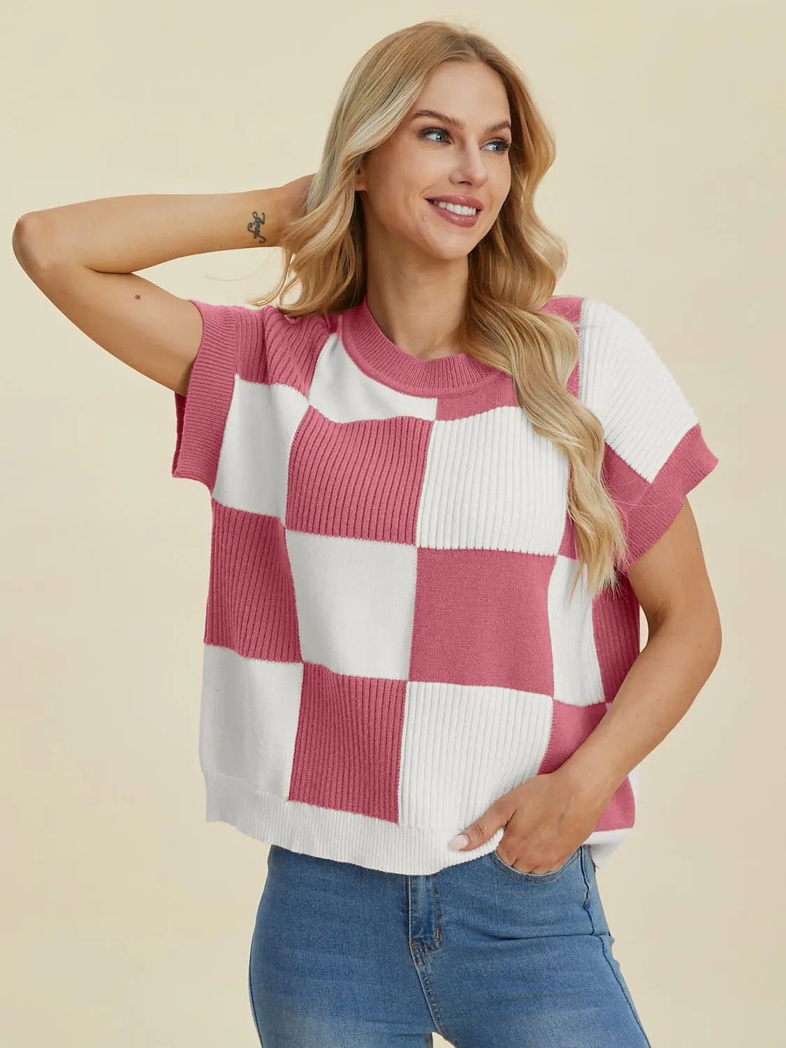 Double Take Checkered Round-Neck Short-Sleeve Sweater - Whispering Desires Shoppe