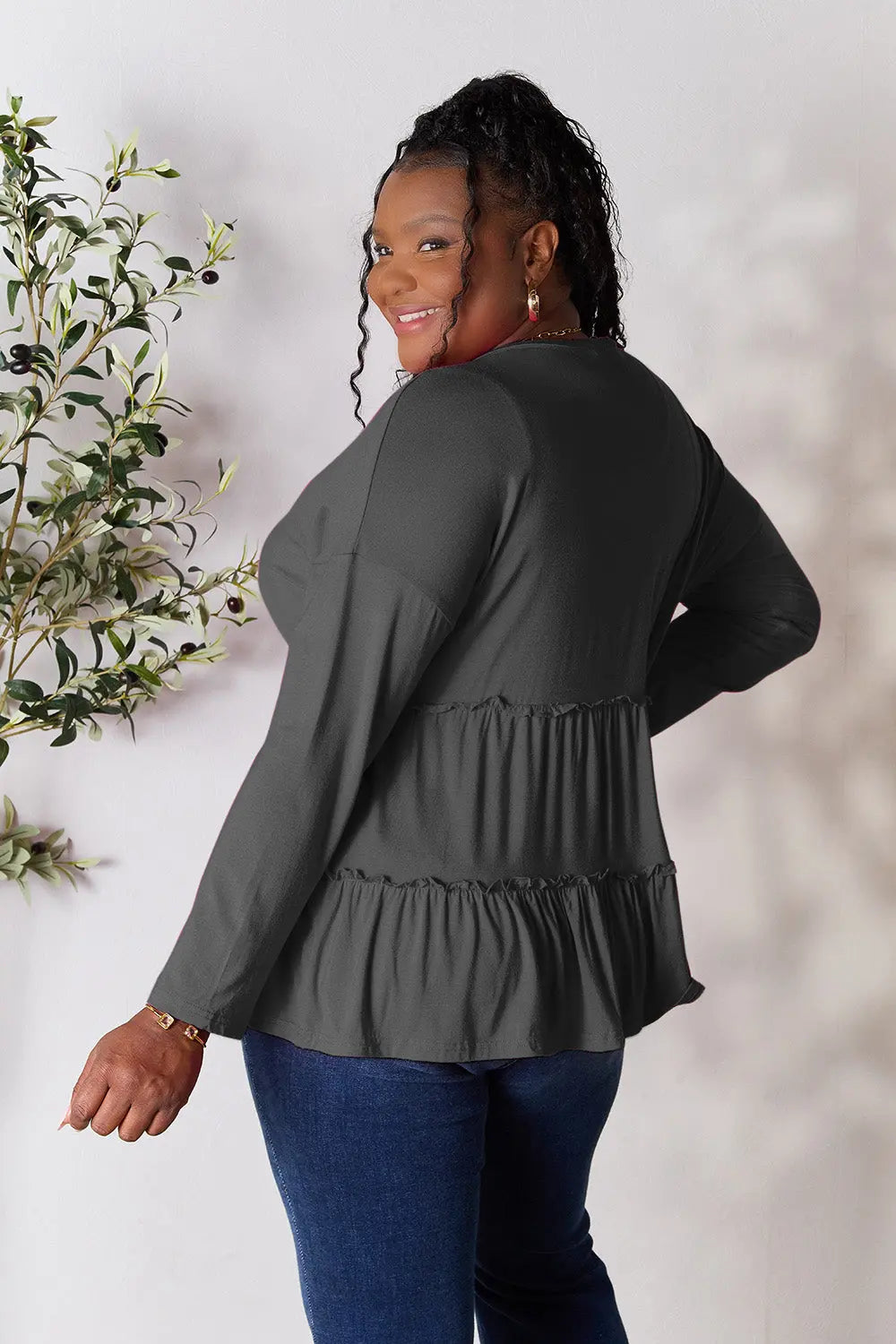 Double Take Ruffle-Hem Button Blouse - Whispering Desires Shoppe