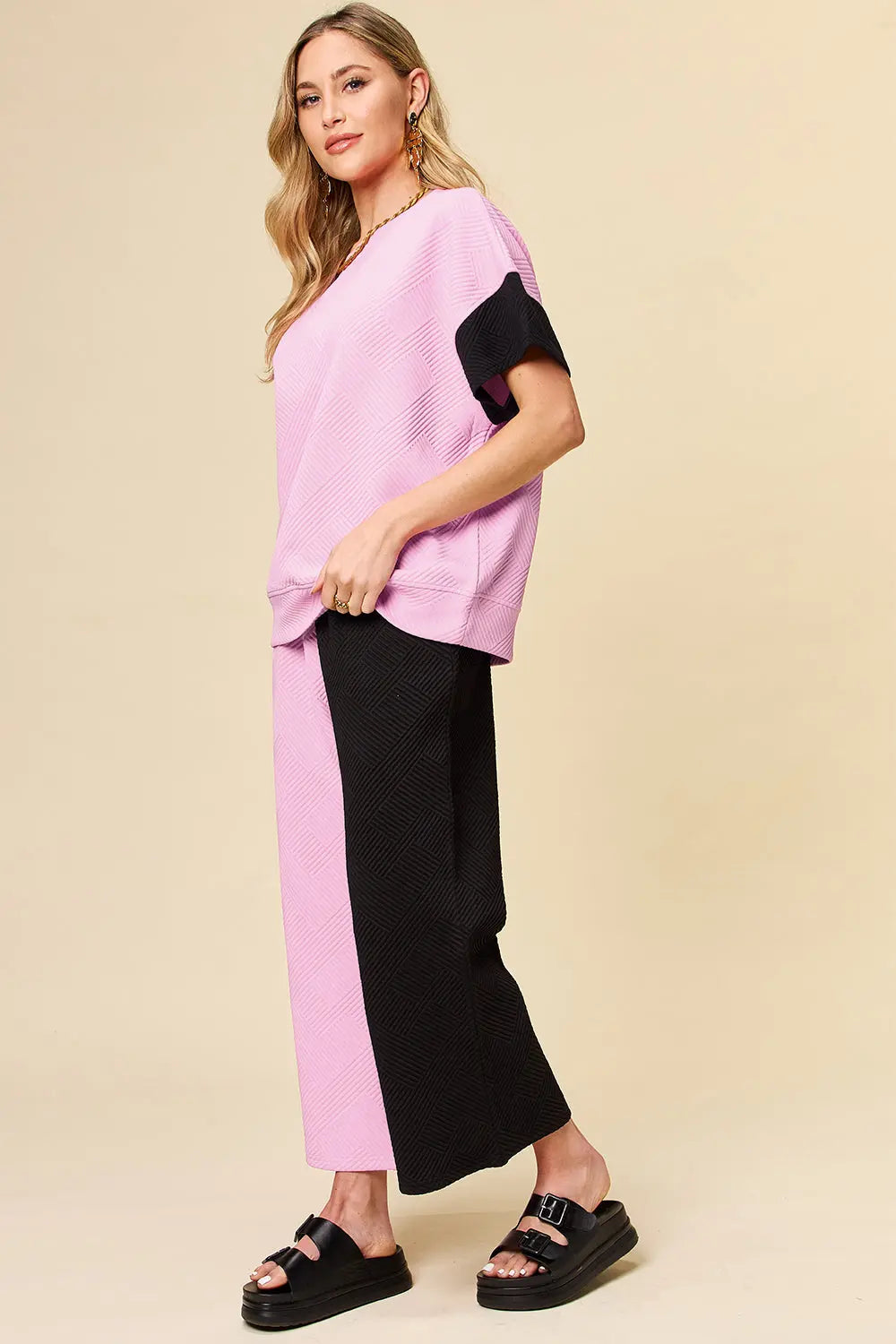 Double Take Texture Contrast Two-Piece Set — Wide Leg - Whispering Desires Shoppe