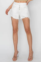 RISEN Button-Fly Frayed Hem Denim Shorts - Whispering Desires Shoppe