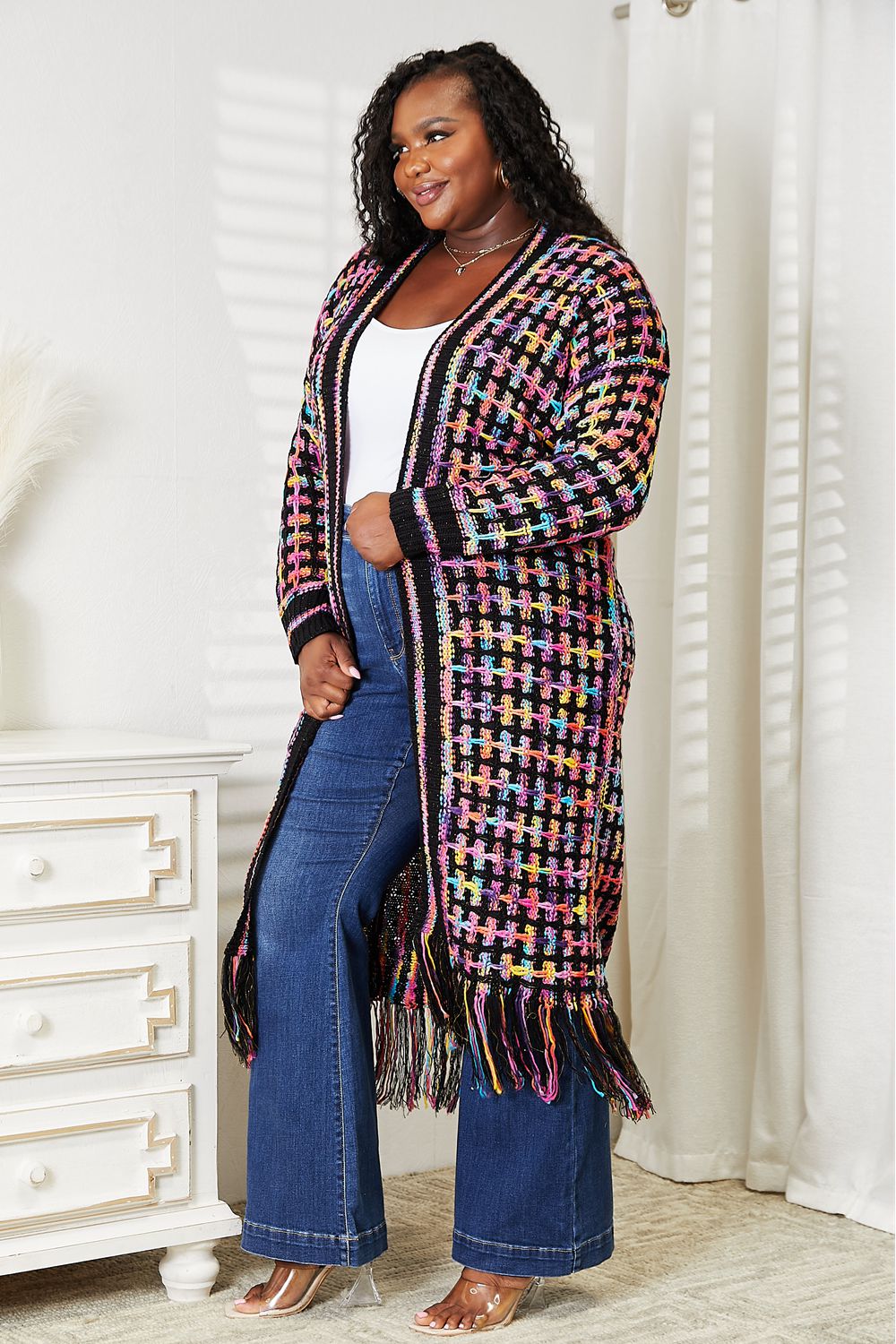 Angel Wings Full Size Multicolored Open Front Fringe Hem Cardigan - Whispering Desires Shoppe