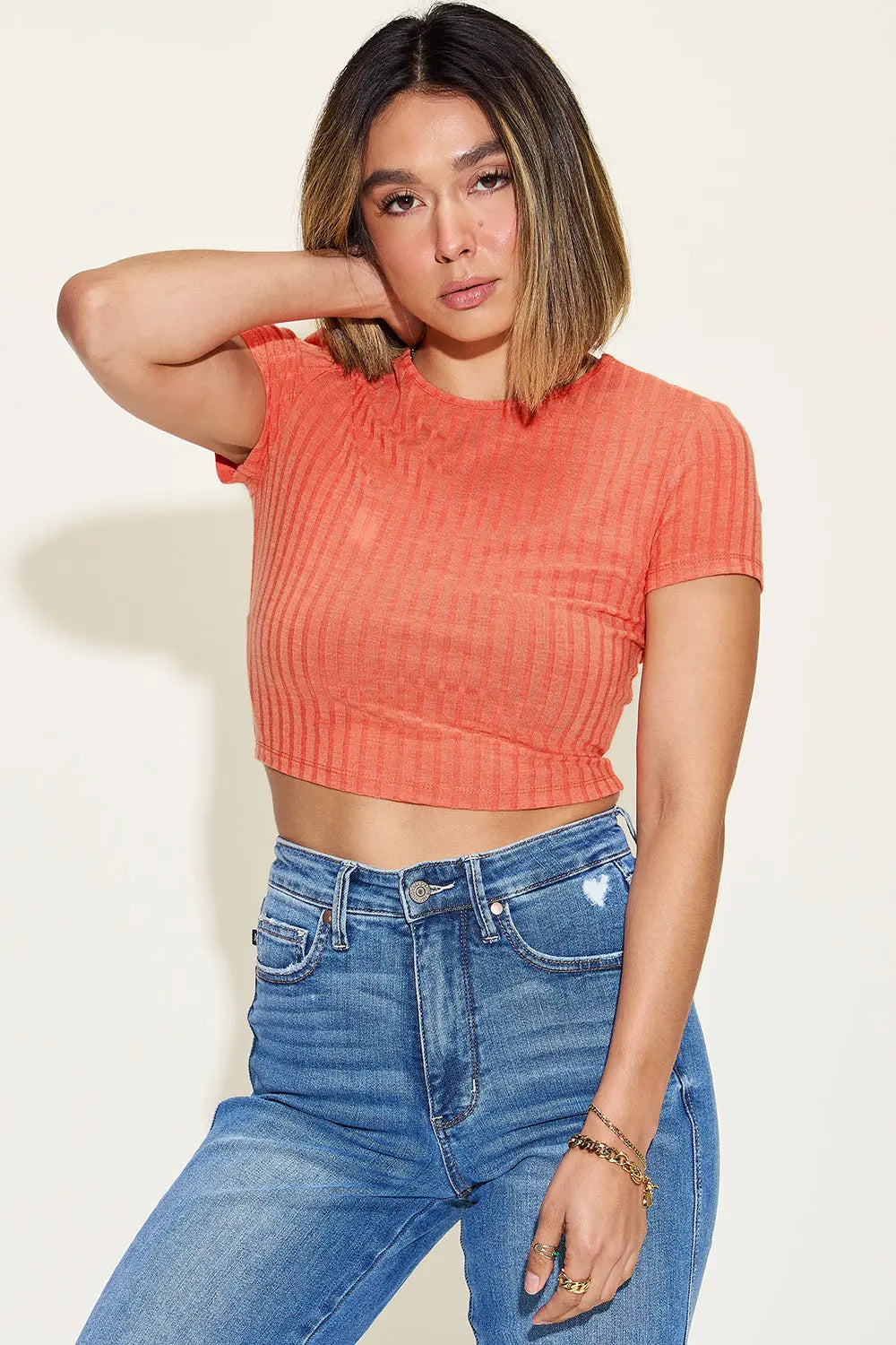 Basic Bae Ribbed Round-Neck Short Sleeve Tee - Whispering Desires Shoppe