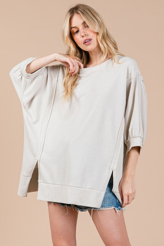 Ces Femme Side Slit Drop Shoulder Puff Sleeve Sweatshirt - Whispering Desires Shoppe